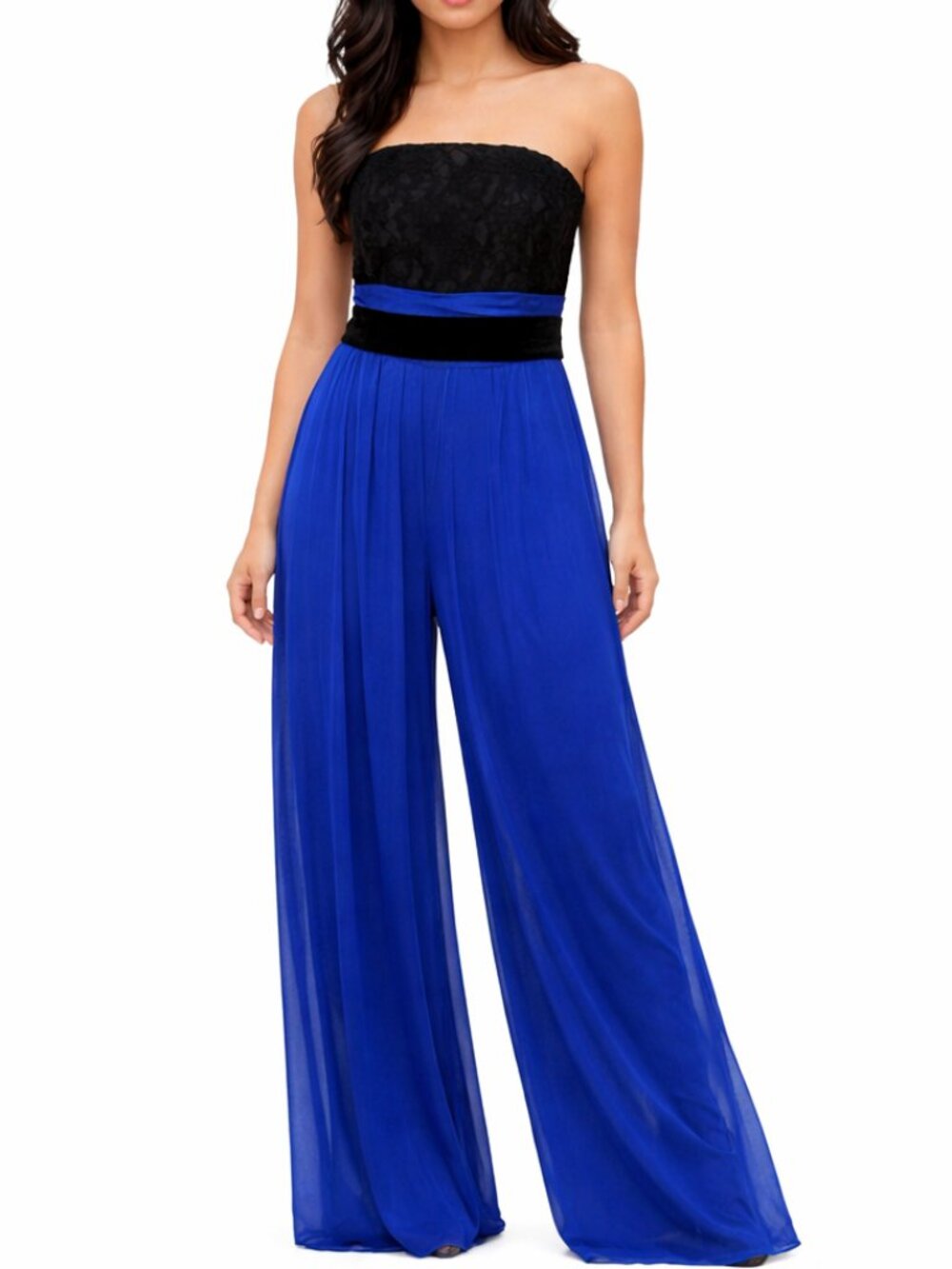 NWT Spazio Vedette Strapless Lace Wide Leg Formal Jumpsuit Black Blue | 6